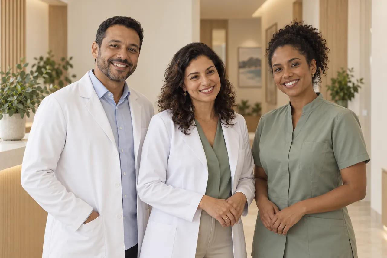 Imagem ilustrativa da equipe fictícia, da esquerda para a direita: Rafael, de jaleco branco e camisa azul-clara; Helena, de jaleco sobre blusa verde; e Camila, de uniforme verde-sálvia, em um corredor claro.