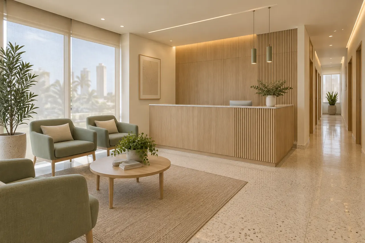 Imagem ilustrativa da recepção: poltronas verde-sálvia ao redor de uma mesa redonda de madeira, balcão de carvalho claro e piso de granilite sob luz natural.