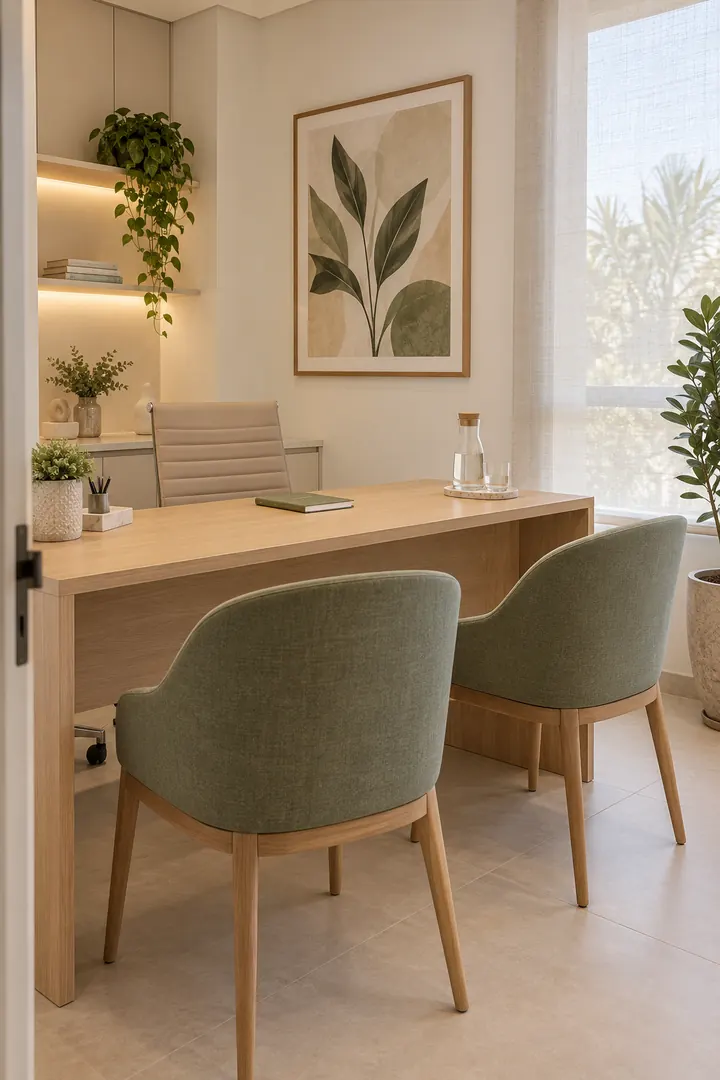 Imagem ilustrativa de uma sala reservada: mesa de madeira clara, duas poltronas verde-sálvia, quadro com folhas e janela com cortina de linho.
